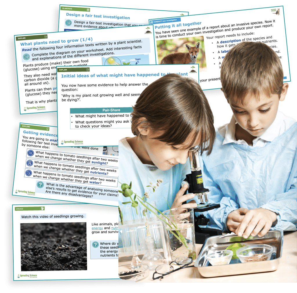 Two children are looking at plants under a microscope. Screenshots of the lesson slides are below them.